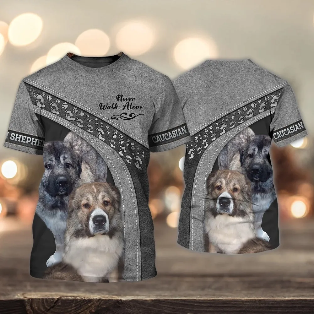 3D Dog T Shirts, Caucasian Shepherd Couple Love Never Walk Alone All Over Print T-Shirt, Gift For Pet Loves