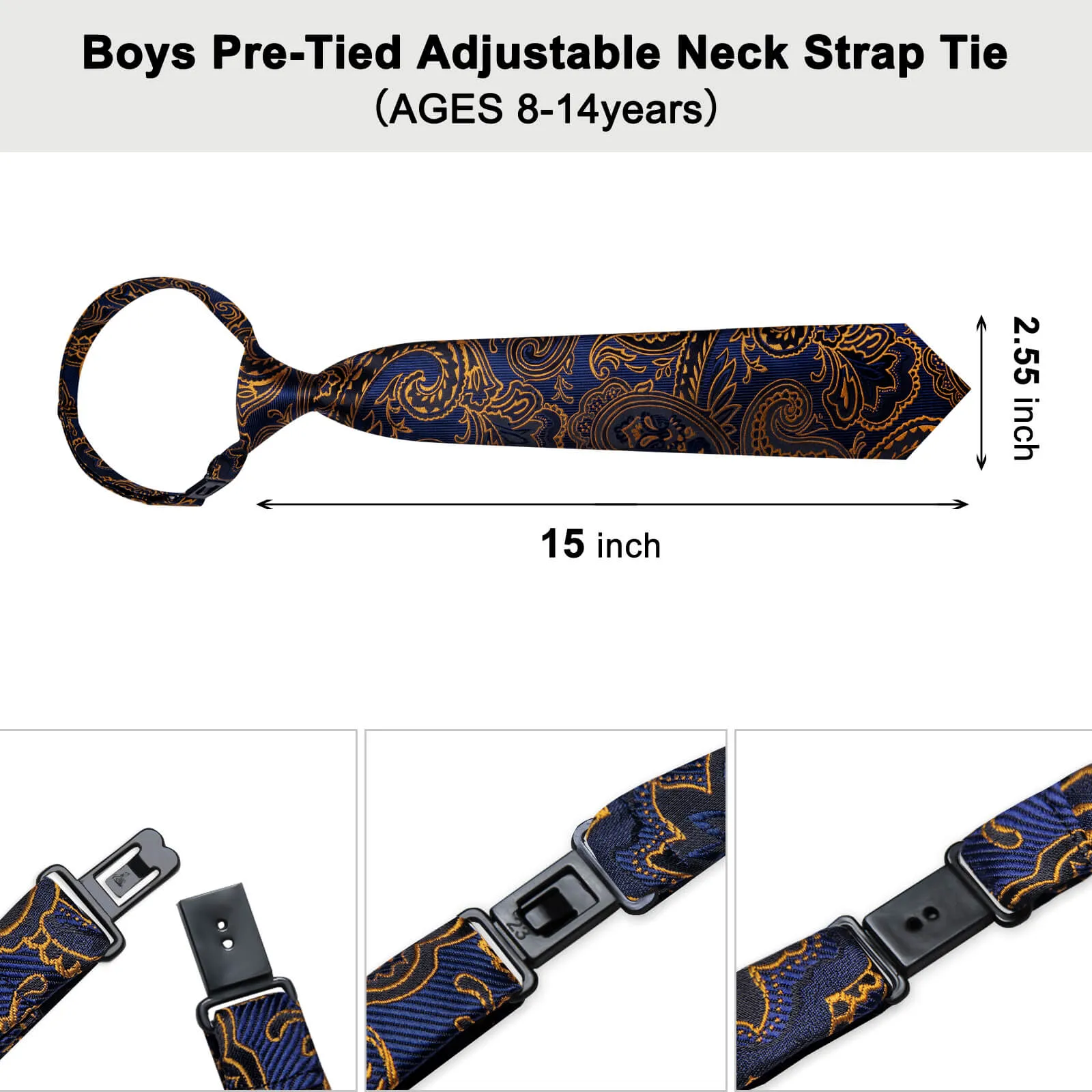 DiBanGu Kids Tie Dark Blue Gold Floral Silk Tie Handkerchief Set